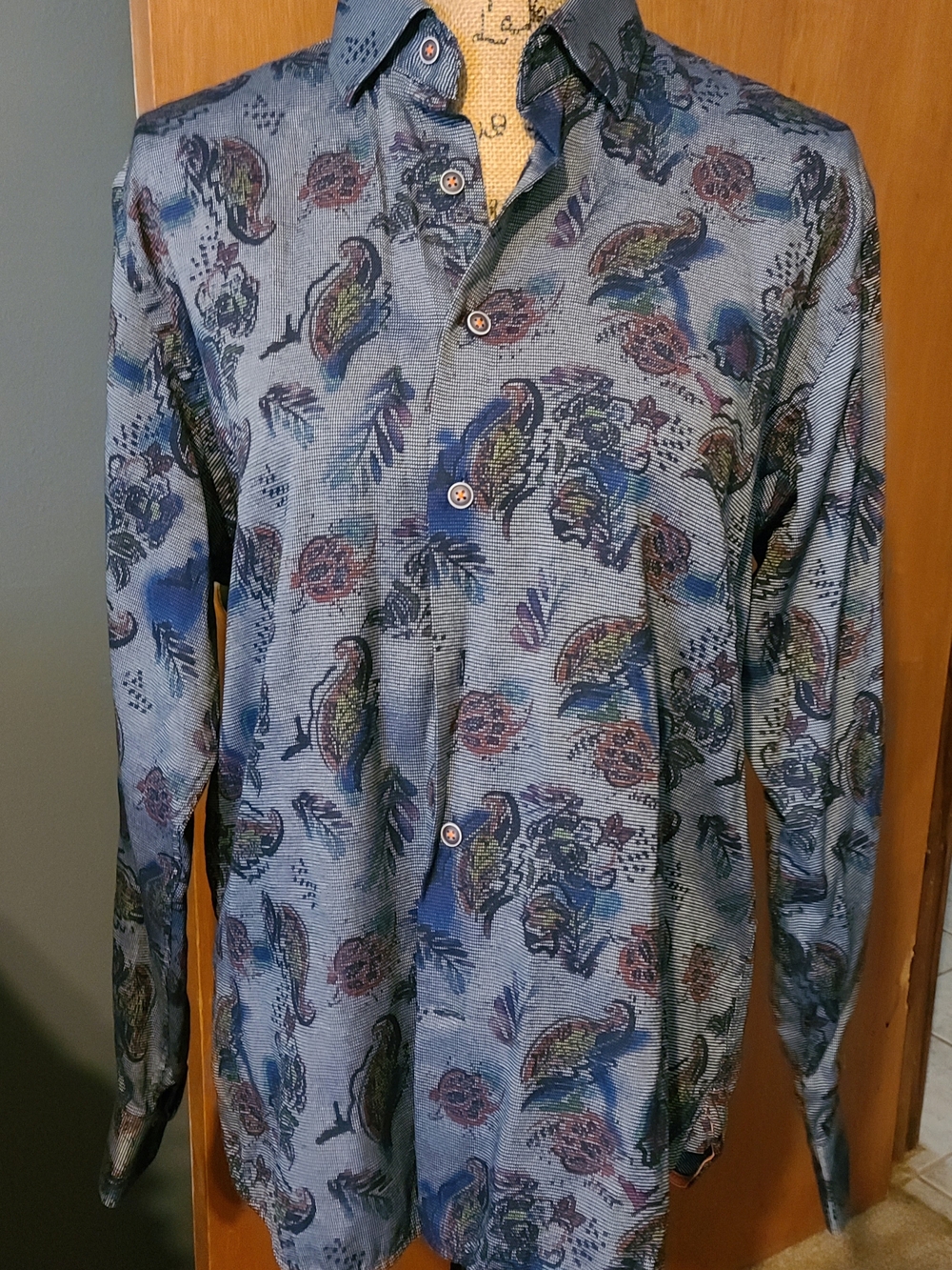 Blue Paisley Long-Sleeve Button-Up Shirt